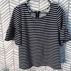 Green Envelope Flared Sleeve Blouse with Navy and White Stripes